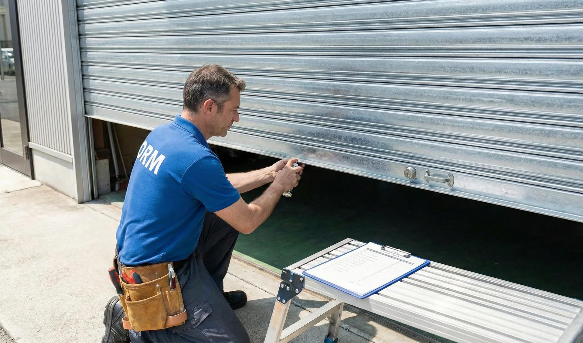 Technicien effectuant l'entretien d'un rideau metallique a Creil