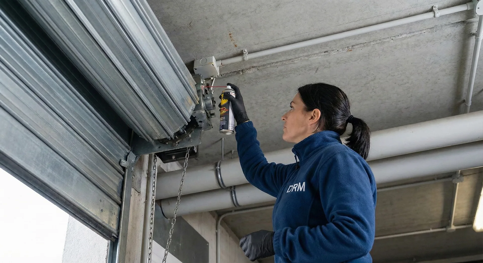 Technicien effectuant l'entretien d'un rideau metallique pour prolonger sa duree de vie